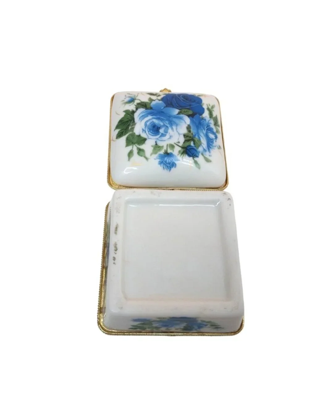 Porcelain Trinket Pill Box Blue Roses Floral Gold Trim Hinged Lid Square 2.25